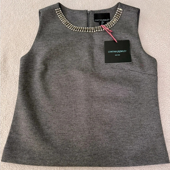 NWT Cynthia Rowley gray ponte knit Chic top with Rhinestone detailing at neck. - Picture 4 of 12